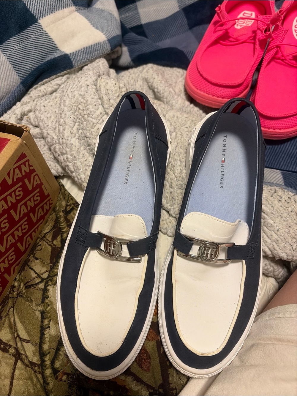 Tommy Hilfiger Navy and White Leather-Look Loafers with Metal Logo